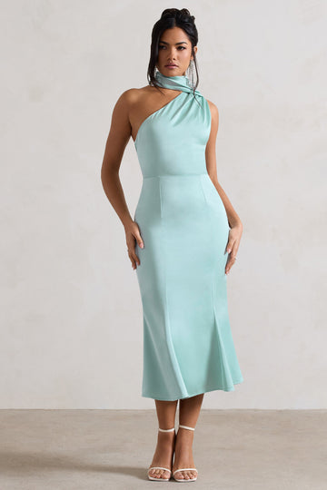 Golden Girl Mint Satin One Shoulder High-Neck Flared Midi Dress
